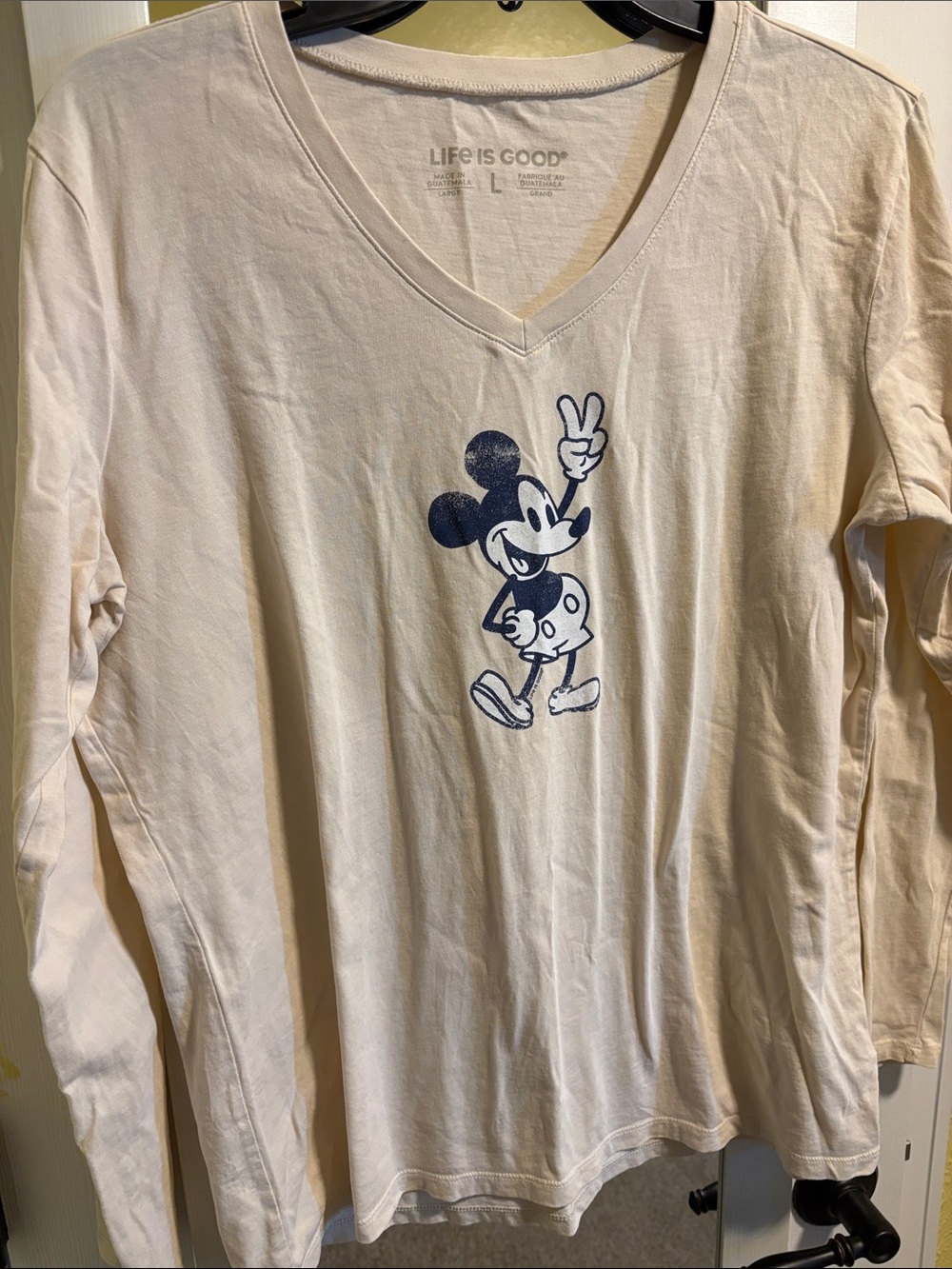 Life Is Good Cream Long-Sleeve V-Neck Tee with Navy Mickey Graphic